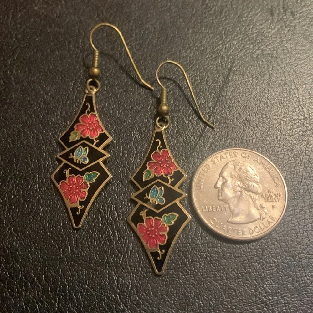 Vintage Cloisonné Butterfly & Flower earrings - Picture 3 of 3